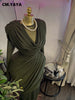 Women O-neck Pile Collar Long Sleeve Ruched Maxi Long Dress Spring Sexy Cocktail Birthday Holiday Party Dresses