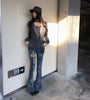 Women Y2K Low Rise Flare Jeans Vintage Washed Cross Patch Distressed Grunge Slim Bootcut Denim Pants Streetwear