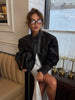 Sexy High Collar Cropped Leather Top Women Stylish Long Sleeve Round Neck Slim Black Short Coats Lady Party Club Wear