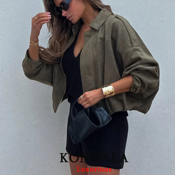 Casual Chic Green Bomber Jackets Women Long Sleeve Zipper Loose Coats Autumn Winter Streetwear Outwears