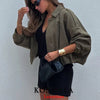 Casual Chic Green Bomber Jackets Women Long Sleeve Zipper Loose Coats Autumn Winter Streetwear Outwears