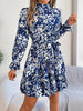 Elegant Mock Neck Belted Ruffle Hem Floral Print Dress For Spring & Fall, Women's Clothing
