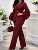 Women Two Piece Suit Notched Lapel Ruffle Flare Long Sleeve Blazer High Waist Straight Leg Pants Office Business Church Autumn