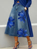 Streetwear Women's Red Floral Print Denim Midi Skirt High Waist A-Line Casual Swing Skirt Plus Size Flared Jean Skirt