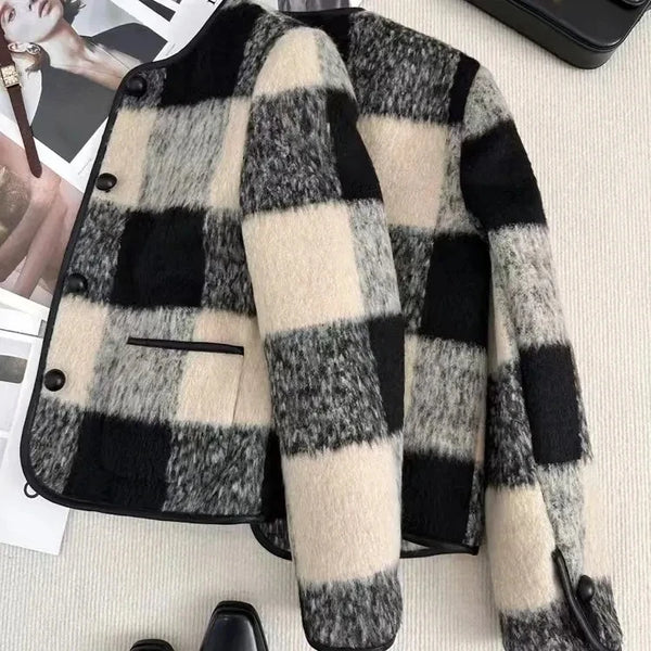 Thicken Small Fragrant Style Jacket for Women Plaid Woolen Short Coat Autumn Winter Lady Single Breasted Young Neck Jackets
