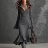 European American Trumpet Dresses Women Solid Autumn Winter Zipper Lapel Flared Sleeve Knitted Fishtail Dress Slim Fit Vestidos