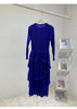 Royal Blue Pleated French Women's Dress Chic Ruffled Irregular Tie Design Long Sleeve Clothing 2DB3939