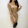 Women Dress Korean O-neck Slim Waist Knitted Pencil Dress with Belt Office Lady Bodycon Vestidos Winter