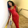 Year Women‘s Red Evening Dress Mid-Length Elegant Floral Christmas Dress with Bow Straps Cocktail Party Gown Dress