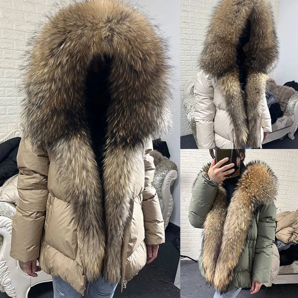 White Duck Down Jacket Winter Women Warm Loose Coat Natural Real Fox Fur Collar Thick Outerwear Parkas