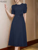 Elegant Chic Fabric Flower Womens Midi Dresses O-Neck Short Puff Sleeve Fitted Waist A-Line Dress S-3XL