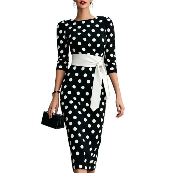 Women Polka Dot Bodycon Midi Dress 3/4 Puff Sleeve Boat Neck Contrast White Tie Waist Slim Pencil Formal Wedding Guest Dresses