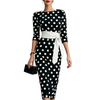 Women Polka Dot Bodycon Midi Dress 3/4 Puff Sleeve Boat Neck Contrast White Tie Waist Slim Pencil Formal Wedding Guest Dresses
