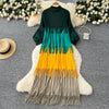 Tassel Patchwok Color Block Dress for Women Pleated Puff Sleeve Mid-calf Dresses Female Autumn