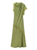Olive Green Satin Maxi Dress Women Elegant Shawl Design Lace Trim Asymmetrical Hem Ruched Bodycon Formal Dinner Gown