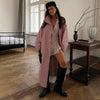 Retro Pink Women Trench Coat Stand Collar Button Design Cuffs Tightened Pocket Long Outerwear Spring Fall Elegant Lady Outfit