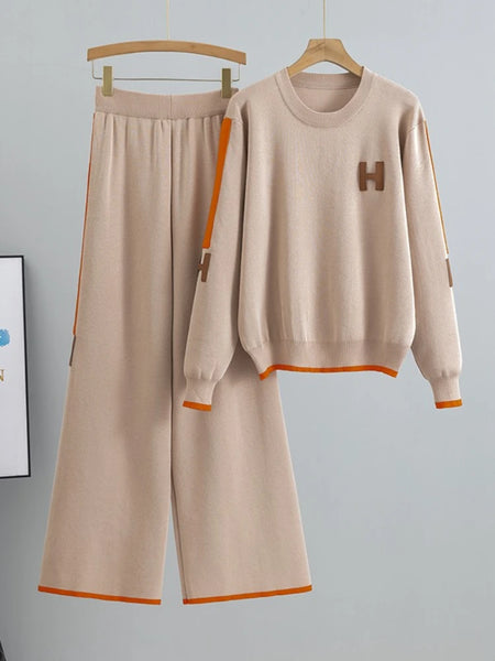 Casual sports set women spring and autumn embroidered knitted sweater with letters and high waist slim pants two-piece set