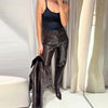 Leather Women's Pants Sets Chic Laple Single Breasted Long Sleeve Jackets Elastic Waist Straight Pants Suit Lady Outfits