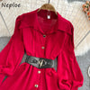 Spring Office Lady Shirt Dress Women Long Lantern Sleeve Sashes Waist Robe Femme Single Breasted Short Dresses