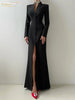 Sexy Slim White Women's Dress V-Neck Long Sleeve Ankle Length Dresses Elegant Classic Slit Female Dress