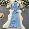 French Style Vintage Panelled Moda Dress Turn-down Collar Puff Sleeve Slim Vestidos Elegant Vent Knit Femme Robe