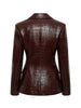 Women Burgundy Croc Faux Leather Notched Lapel Slim Fit Blazer Jacket Single Breasted Long Sleeve Elegant Office