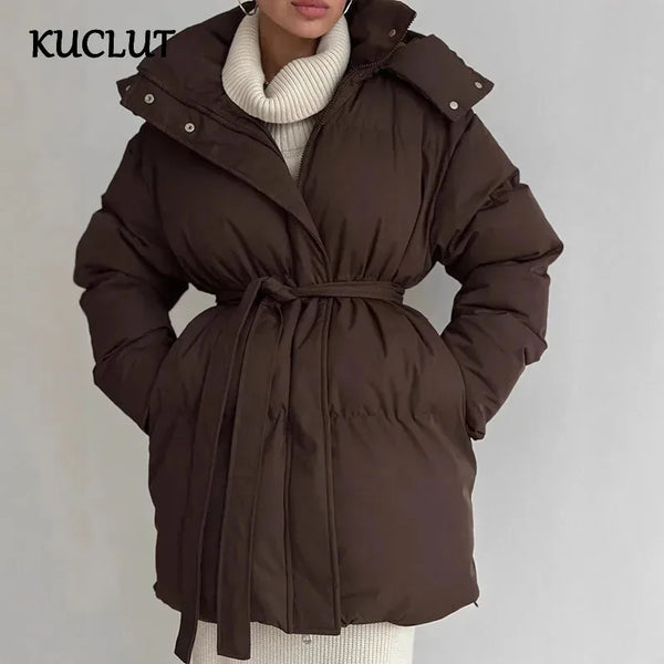 Winter Casual Lace-up Waisted Hooded Mid-Length Jacket For Women Solid Color Thickened Cotton Coat 1A1207