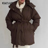 Winter Casual Lace-up Waisted Hooded Mid-Length Jacket For Women Solid Color Thickened Cotton Coat 1A1207