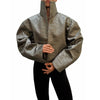 Beige Croc Leather Cropped Jacket Y2k Stand Collar Long Sleeve Wide Cuff Oversize Coat Autumn Street Daily Casual Outerwear