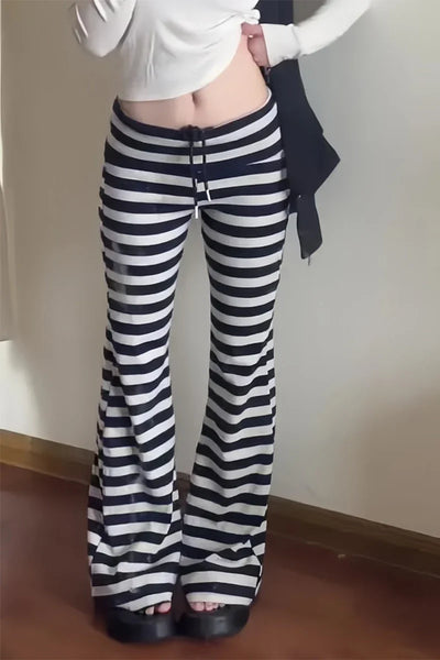 Y2K Streetwear Japanese Harajuku 2000s Korean Pants High Street Women Low Waisted Striped Long Trousers Flare Pants