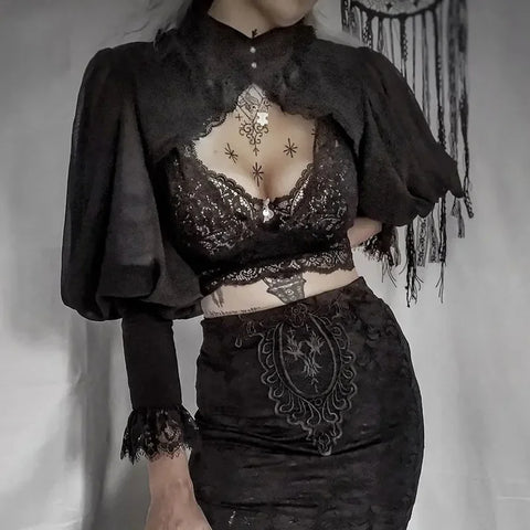 Lace Gothic Black Short Steampunk Crop Jacket Kawaii Vintage Palace Blouse Women Party Bolero Victorian Coat Corset