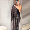 Y2K Punk Embossed Leather Coat Pants Set Women's Chic Lapel Cropped Jacket Matching High Waist Pant Streetwear Lady Outfit