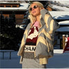 Women Chevron Color Block Padded Ski 2 Piece Set Fleece Collar Zipper Snow Jacket Cargo Wide Leg Pants Winter Snowboard Outfits