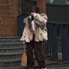 Vintage Thicken Faux Fur Woolen Jacket Women Hooded Pocket Lantern Sleeve Elastic Waist Coat Winter Female Daily Outwear