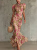 Elegant Printed Ruffle Maxi Dress Women Chic High Neck Puff Short Sleeve Waist-cinching Bodycon Dresses Lady Vacation Robes