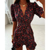Sexy Flora Painted Ruffle Slim Dress Women Chic Full Sleeves Deep V-neck A-line Short Dresses Lady Night Club Street Gowns