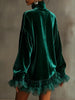 Women Turtleneck Velvet Dress Vintage Ruffled Lace Splicing Long Sleeve Casual Elegant Mini Oversized Dress Spring Clothes