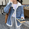 Add Velvet Padded Warm Denim Jacket Female Winter Long Sleeve Short Coat Lamb Cashmere Cotton-padded Jacket Female