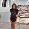 Sexy Lace See Through Party Dress Women Slim Fly Sleeve O-neck Evening Solid Dresses Female Patchwork Pleated Robe Lady