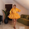 Women Organza Puff Mini Dress V Neck Lantern Long Sleeve Ruched Waist Bubble Hem Short Cocktail Dress Wedding Guest Party Dress
