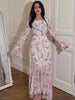 Tossy Chiffon Printed Ruffle Dress Women's Summer Long Sleeve Stitching High Waist Slim Irregular Floral Evening Dress Long Dres