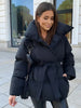 Casual Solid Lace Up Cotton Coat Women Chic Lapel Long Sleeve Warm Loose Pocket Short Jacket Winter Lady Commute Street Outwear