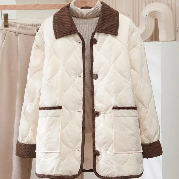Female Padded Jacket Korean Loose Flip Collar Corduroy Diamond Grid Jacket Women Winter Short Lightweight Cotton Coat