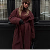 Burgundy Long Trench Coat Women Lapel Double Breasted Belted Waist Cape Collar Overcoat Loose Windbreaker Lady Winter Outerwear