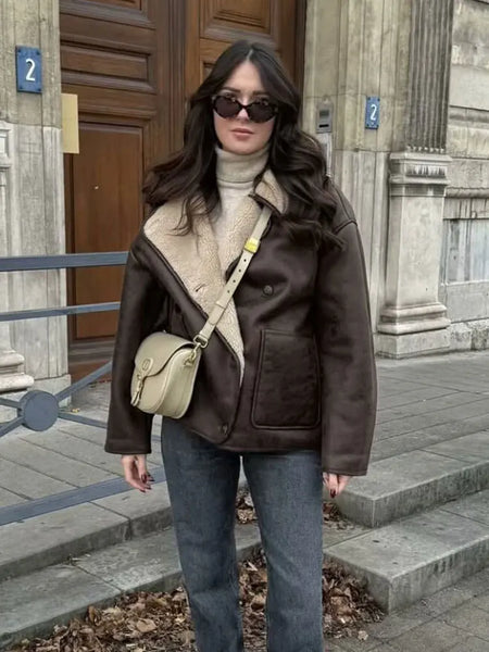 Women Casual Faux Leather Fleece Coats Vintage Solid Single Breasted Lapel Long Sleeve Jacket With Pockets Streetwear