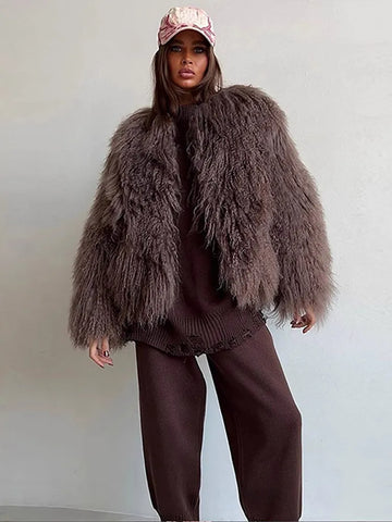 Brown Fluffy Faux Fur Jacket Women Lapel Long Sleeve Loose Warm Coat Winter Lady High Street Outerwear