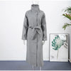 Retro Solid Stand Collar Long Tweed Coat Women Large Lapel Single Breasted Coats With Belt Lady Chic Street Outwear