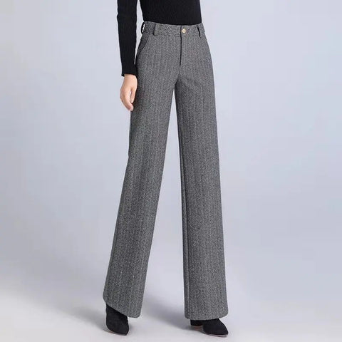 Thickened Woolen Wide-leg Autumn Winter Herringbone Makes It Look Slim Straight-leg Casual Pants Women
