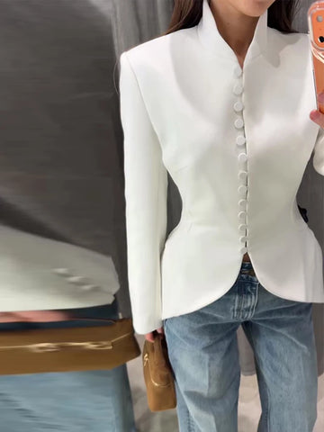 Women's Stand Collar Blazer Single Breasted Button Waist Cinching Long Sleeve Slim Coat Lady Casual Daily Commute Chic Coat