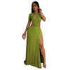 Women O-neck High Split Ruched Bodycon Midi Maxi Dress Fall Street Evening Party Club Vestidos Sexy Long Dresses